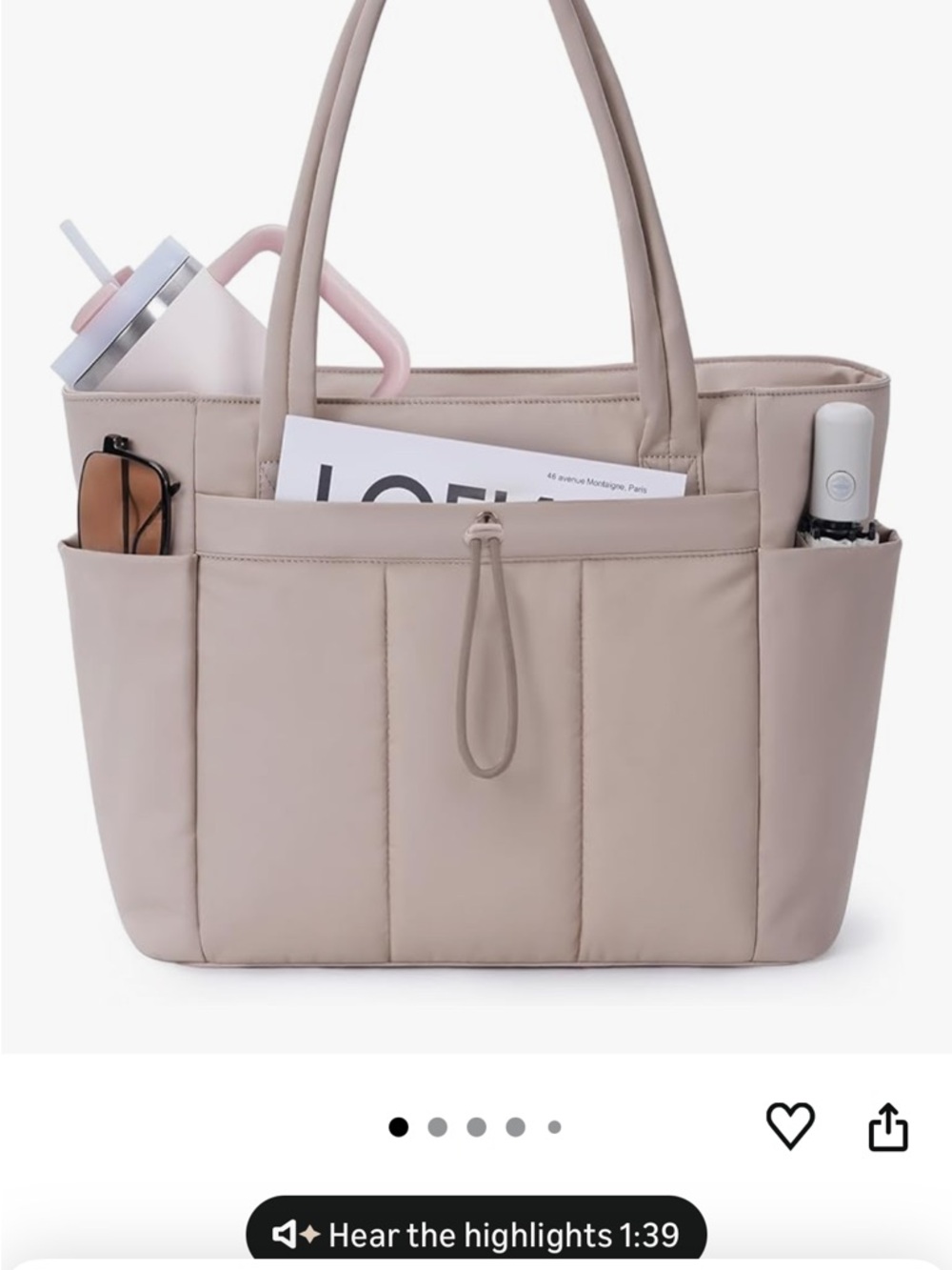 Beige Puffer Tote Bag - Lightweight Everyday Shoulder Bag - Picture 2 of 2